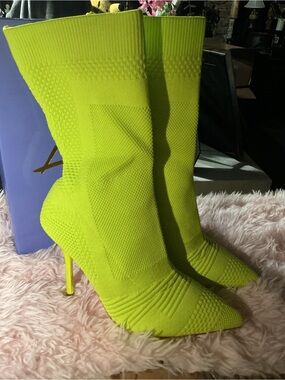 Neon lime Stretch Knit Pointed-Toe Sock Booties - Women